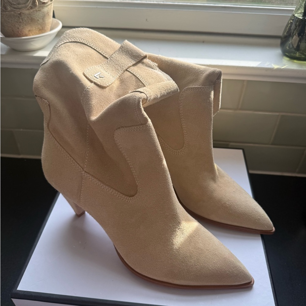 Larroude Beige Suede Western Ankle Booties